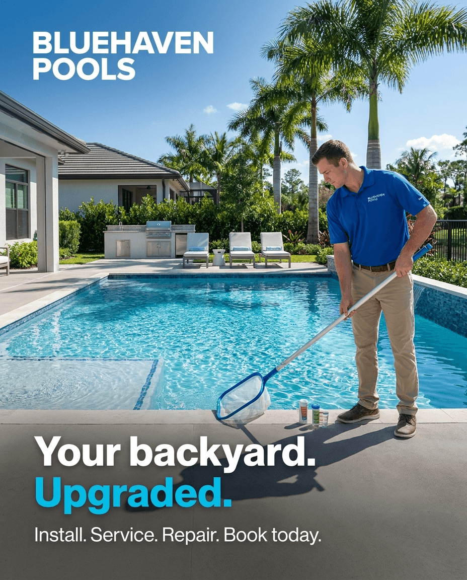 BlueHaven Pools ad — Your backyard. Upgraded.